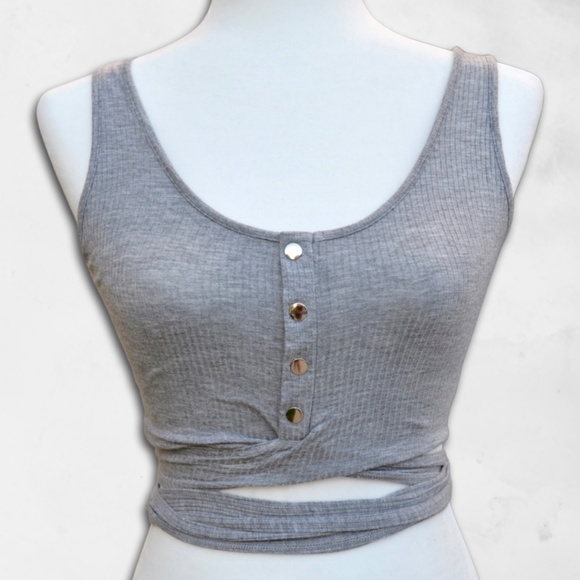 Windsor Tops - Windsor Gray Ribbed Wrap Tie Crop Tank Top